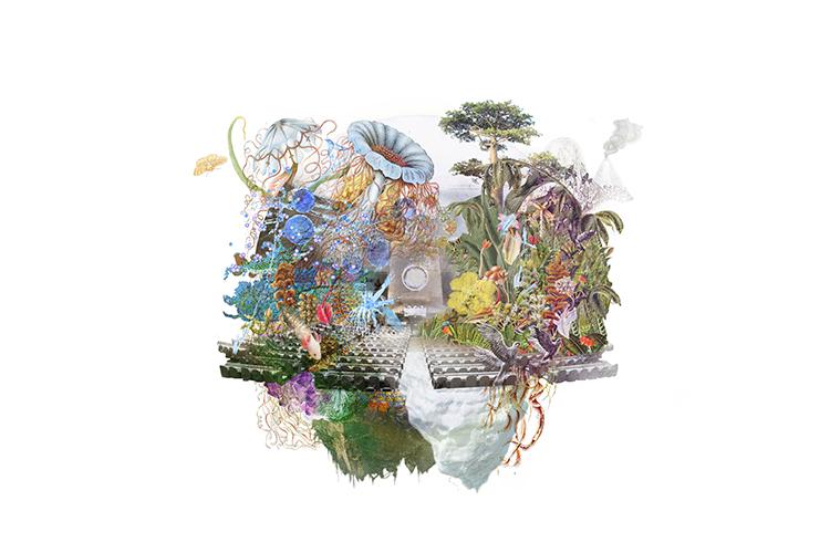 Una illustrazione fatta di fiori, piante, vulcani descrive 'Future Assembly' spazio della Biennale Architettura in cui possono incontrarsi tutti i partecipantiFuture Ass