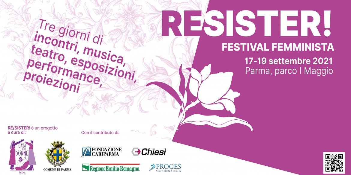 la locandina di Re/sister! il Festival dedicato al femminismo in programma a Parma dal 17 al 19 settembre