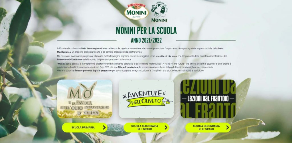 L'homepage del sito 'Monini per la scuola' sull'educazione alimentare